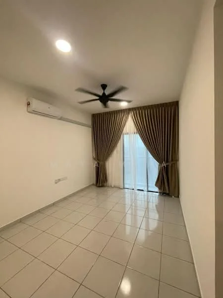 Living features: white painted walls, glossy ceramic tile flooring, 5-blade ceiling fan with light, floor-to-ceiling sliding glass door, sheer curtains, dark brown drapes, wall-mounted split AC; style: modern.
