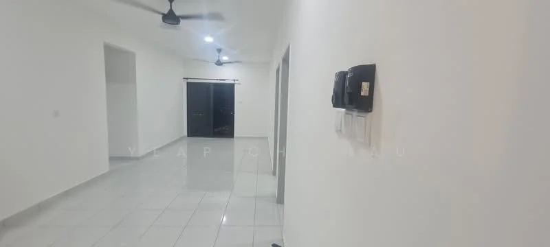 Room features: white painted walls, glossy ceramic tile flooring, 2 ceiling fans, sliding glass door, black intercom system, window with sheer curtains; style: modern.