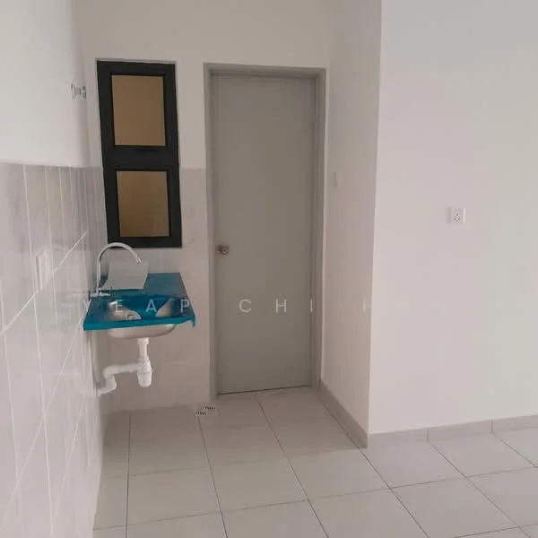 Laundry features: white tiled walls, light grey tiled flooring, single-bowl stainless-steel sink, chrome faucet, window with black frame, plain white door, wall-mounted plumbing fixtures; style: modern.