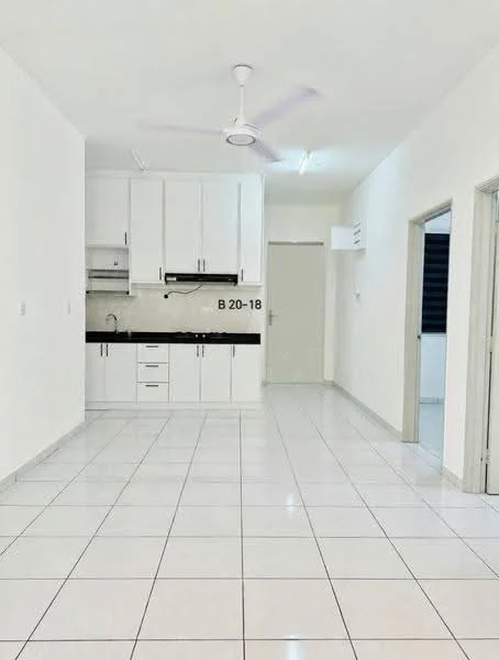 Kitchen features: white cabinetry, black countertop, single-bowl stainless-steel sink, chrome pull-down faucet, built-in oven, freestanding range oven, ceramic tile flooring, recessed downlights, wall-mounted split AC, 5-blade ceiling fan; style: modern. Living features: ceramic tile flooring, white painted walls, recessed downlights, 5-blade ceiling fan; style: modern.