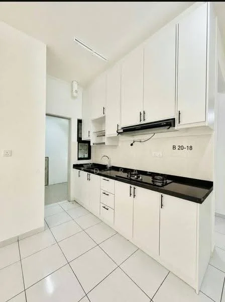 Kitchen features: white shaker cabinets, black granite countertop, double-bowl stainless-steel sink, chrome pull-down faucet, built-in gas hob, exhaust hood, white tiled walls, white tiled flooring, recessed downlights; style: modern.