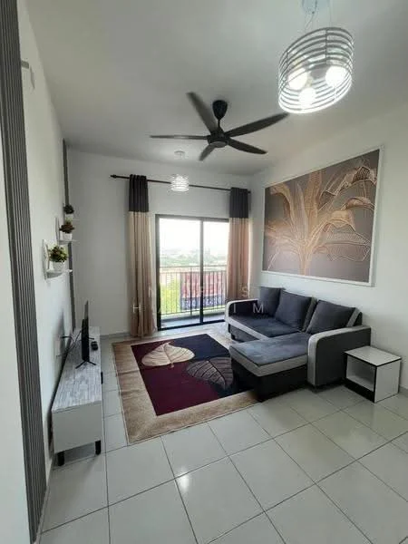 Living features: 3-seater fabric sofa in grey, area rug with geometric pattern, wall-mounted TV, TV console in white, ceiling fan with light, floor-to-ceiling windows, curtains in beige and brown, decorative wall art, white tiled flooring; style: modern; view: city.