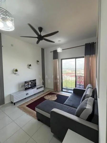 Living features: 3-seater fabric sofa in grey, coffee table, wall-mounted TV, TV console, area rug with geometric pattern, 5-blade ceiling fan, recessed downlights, floor-to-ceiling sliding glass door, curtains in dark grey, white painted walls, tile flooring; style: modern; view: city.
