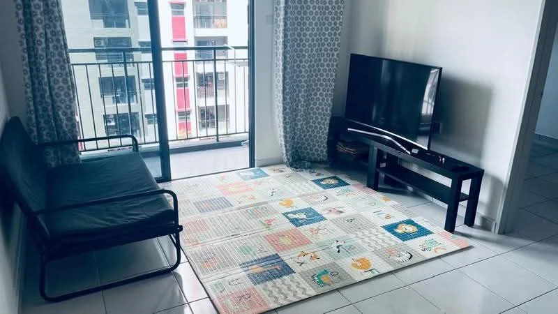 Living features: black fabric sofa, flat-screen TV on black TV console, light-colored tiled flooring, large glass sliding door, sheer curtains, colorful area rug with patterns, balcony view, wall with light-colored paint; style: modern; view: city.