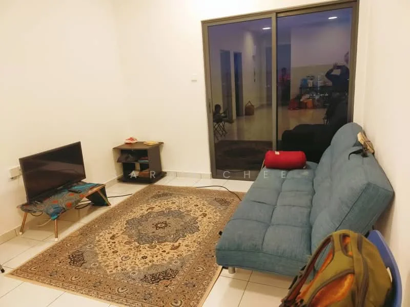 Living features: blue fabric sofa, area rug with intricate pattern, wall-mounted TV, wooden TV console, sliding glass door, white painted walls, tile flooring, recessed lighting; style: modern.