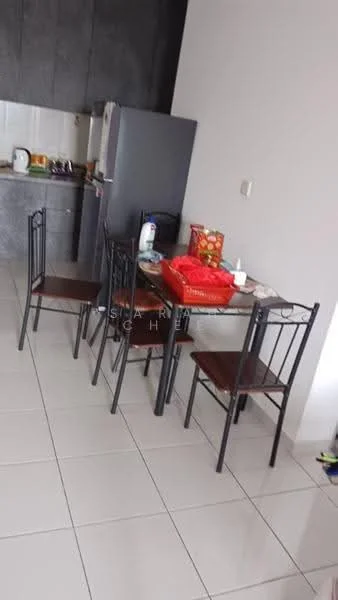 Dining features: rectangular dining table, four metal dining chairs, white ceramic plates, plastic food containers, stainless-steel fridge, grey kitchen cabinets in background, white tiled flooring, white walls; style: modern.