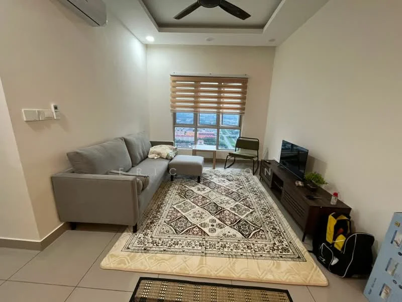 Living features: 3-seater fabric sofa in grey, area rug with geometric pattern, wall-mounted TV, TV console, ceiling fan, window with blinds, light-colored painted walls, tile flooring, decorative plant, side chair; style: modern; view: city.