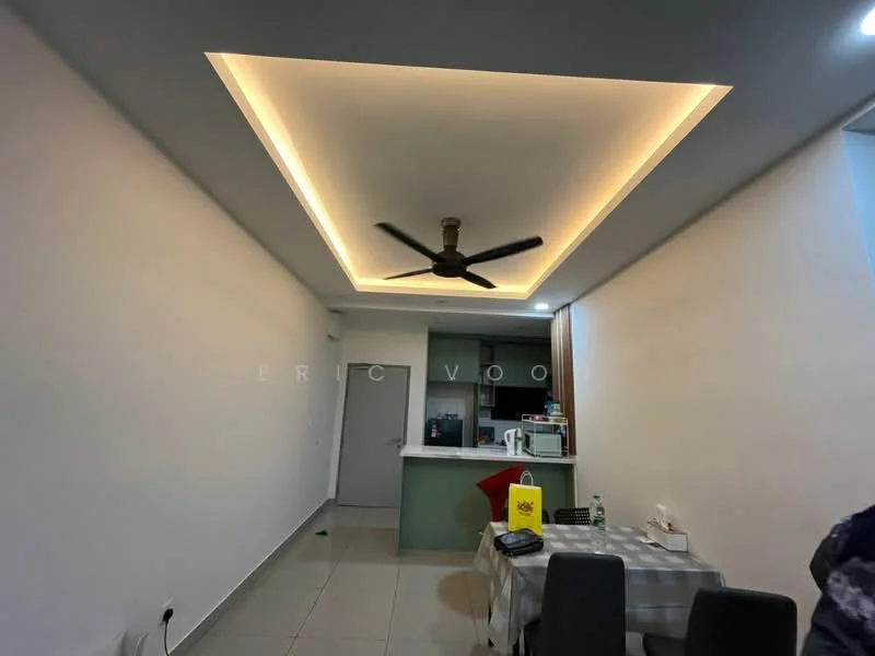 Living features: white painted walls, tray ceiling with LED strip lighting, 5-blade ceiling fan, ceramic tile flooring, open kitchen layout, kitchen countertop with green backsplash, microwave, kettle, dining table with checkered tablecloth, black dining chairs; style: modern.