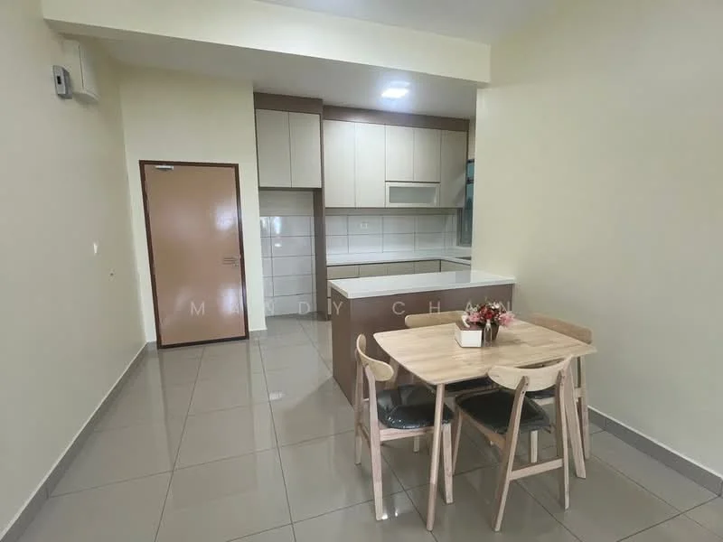 Kitchen features: light beige painted walls, glossy grey floor tiles, white cabinetry, built-in oven, stainless-steel sink, chrome pull-down faucet, kitchen island with seating, dining table with four chairs, recessed downlights, open layout, white tiled backsplash; style: modern.