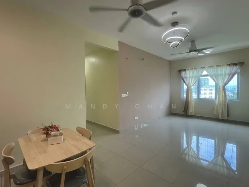 Living features: glossy tile flooring, cream painted walls, recessed downlights, 5-blade ceiling fan, large windows with sheer curtains, dining table with four chairs, decorative plant on table, city view from window; style: modern; view: city.