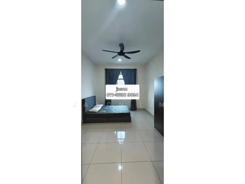 Bedroom features: queen-size bed, dark wood headboard, 2 bedside lamps, built-in wardrobe, ceiling fan, recessed downlights, large window with dark curtains, glossy tile flooring, neutral painted walls; style: modern.
