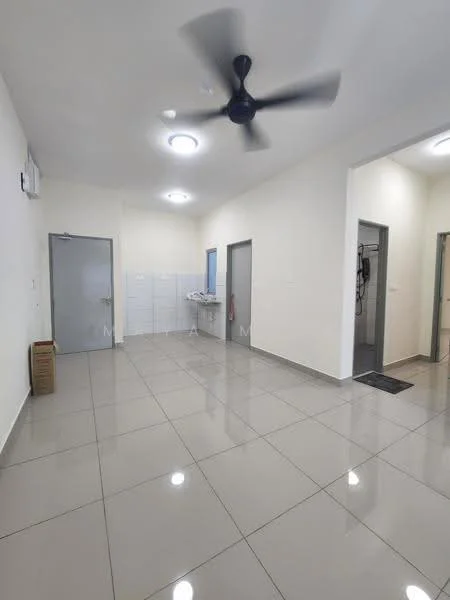 Room features: white painted walls, grey tiled flooring, ceiling fan, recessed ceiling lights, doorway to adjacent rooms, built-in cabinets, utility sink, wall-mounted fixtures; style: modern.