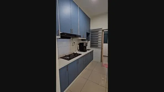 Kitchen features: blue cabinetry, white countertop, built-in gas stove with two burners, black range hood, black coffee machine, white tiled backsplash, ceramic tile flooring, window with blinds, recessed lighting; style: modern.