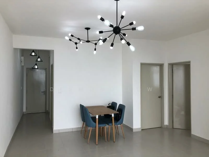 Dining features: dining table with four chairs, modern chandelier with multiple bulbs, white painted walls, grey tiled flooring, two doors leading to other rooms, open layout, minimalist decor, natural light from doorways; style: modern. Hallway features: white painted walls, grey tiled flooring, door leading to another room.