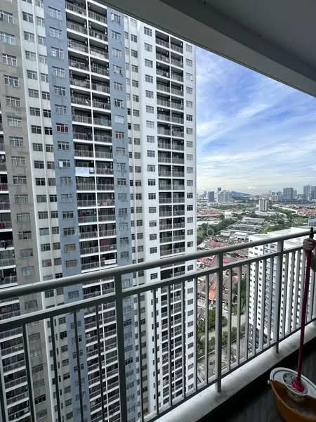 Room features: balcony with railing, city skyline view, high-rise building, concrete flooring, glass sliding door, white painted walls, outdoor space, floor-to-ceiling windows; style: modern; view: city.