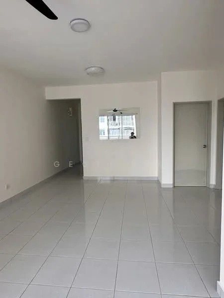 Room features: white painted walls, glossy ceramic tile flooring, ceiling light fixture, ceiling fan, mirror on wall, doorway leading to another room, large window with natural light; style: modern.