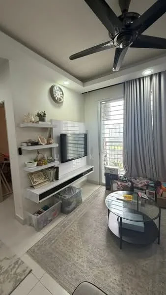 Living features: 5-blade ceiling fan with light, wall-mounted TV, floating TV console, open shelving unit, round glass coffee table, area rug with geometric pattern, curtains, large window, decorative wall clock; style: modern; view: garden.