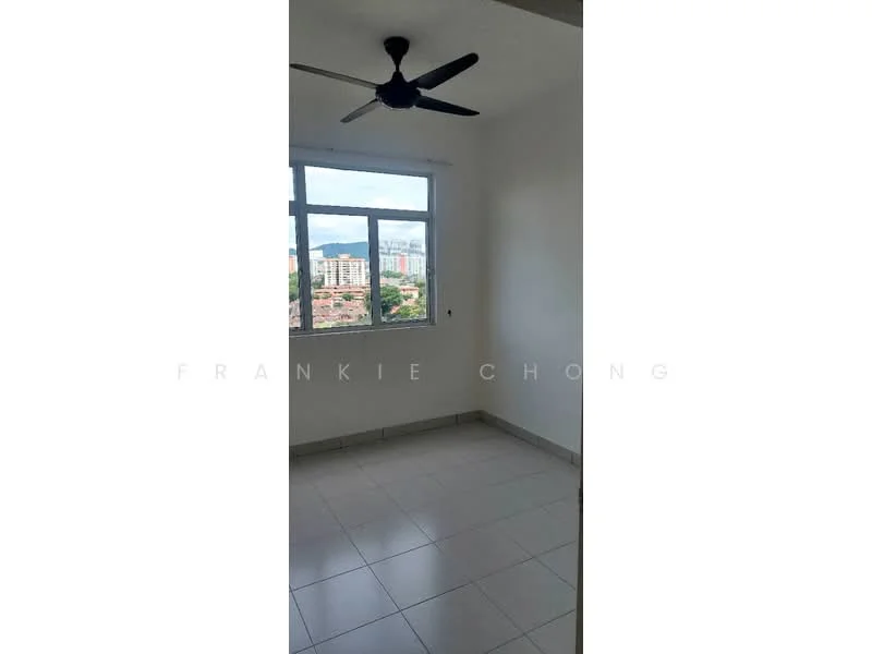 Room features: white painted walls, ceiling fan, floor-to-ceiling windows, tile flooring, city view; view: city.