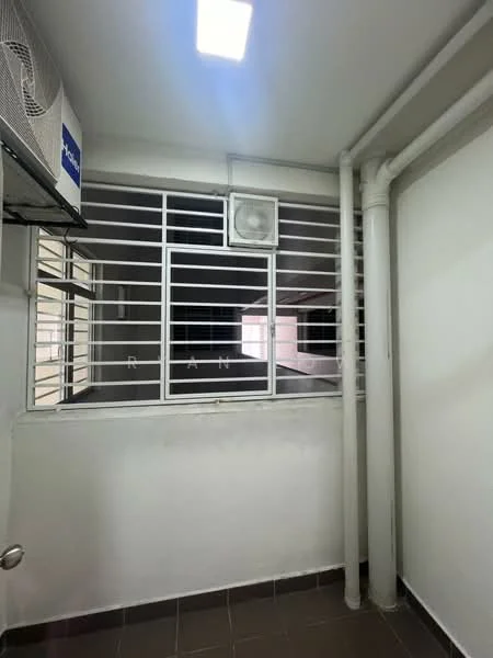 Room features: white painted walls, grey tiled flooring, window with metal grille, air conditioning unit, exposed pipes, light fixture on ceiling; style: modern.