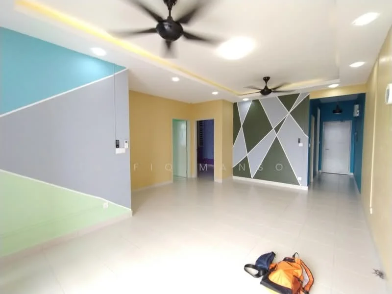 Room features: light grey painted walls, yellow painted walls, green accent wall, blue accent wall, white ceiling, recessed downlights, 2 ceiling fans, tiled flooring, open layout, doorway leading to hallway, doorway leading to another room, visible electrical outlets; style: modern.
