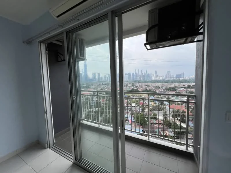 Balcony features: floor-to-ceiling sliding glass door, metal railing, grey tiled flooring, city skyline view, air conditioning unit; style: modern; view: city.