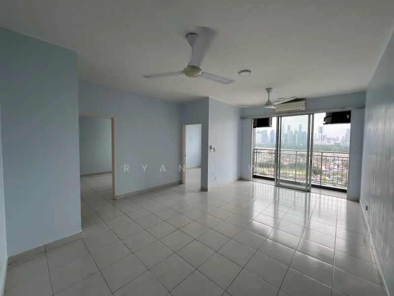 Living features: light blue painted walls, white ceiling, ceramic tile flooring, 5-blade ceiling fan, floor-to-ceiling windows, sliding glass door, air conditioning unit, city skyline view; style: modern; view: city. Room features: white walls, ceramic tile flooring, doorway leading to another room.