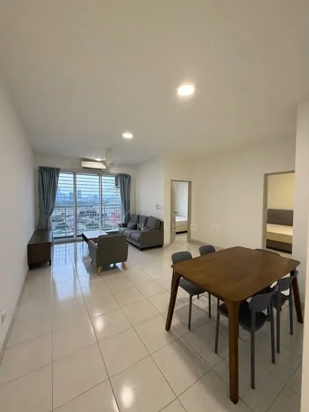 Living features: grey fabric sofa, 2-seater sofa, coffee table, dining table with 6 chairs, floor-to-ceiling windows, curtains, white painted walls, tile flooring, ceiling fan with light, light fixtures; style: modern; view: city. Room features: white painted walls, tile flooring, doorway leading to another room.