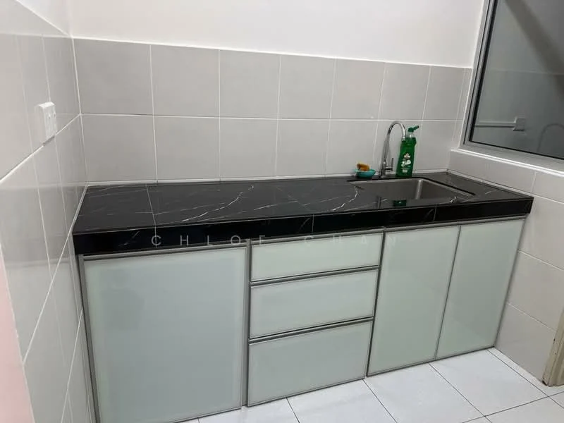 Kitchen features: black marble countertop with white veining, single-bowl stainless-steel sink, chrome pull-down faucet, white cabinetry with glass fronts, three drawers, tile backsplash, white tiled walls, white tiled flooring, window for natural light; style: modern.