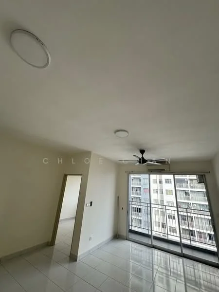 Living features: white painted walls, ceiling with recessed downlights, 5-blade ceiling fan, sliding glass door, floor-to-ceiling windows, grey tiled flooring, balcony view, natural light; style: modern; view: city.