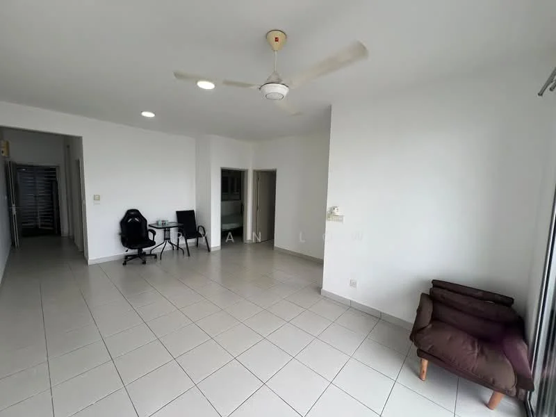 Living features: white painted walls, tile flooring, 5-blade ceiling fan with light, large windows, sliding glass door, black office chair, glass-top dining table, 2-seater brown sofa, neutral color scheme, open layout; style: modern.