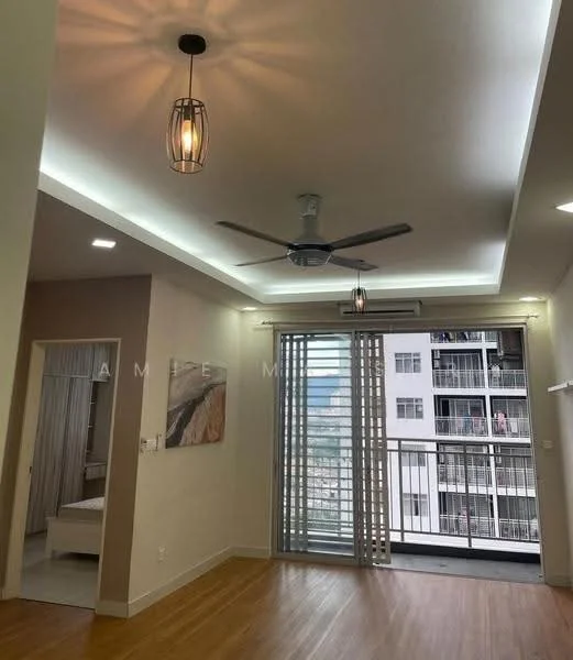 Living features: wooden flooring, recessed LED downlights, 5-blade ceiling fan with light, floor-to-ceiling windows, sliding glass door, balcony view, light-colored walls, decorative pendant light; style: modern; view: city. Room features: light-colored walls, doorway leading to another room.