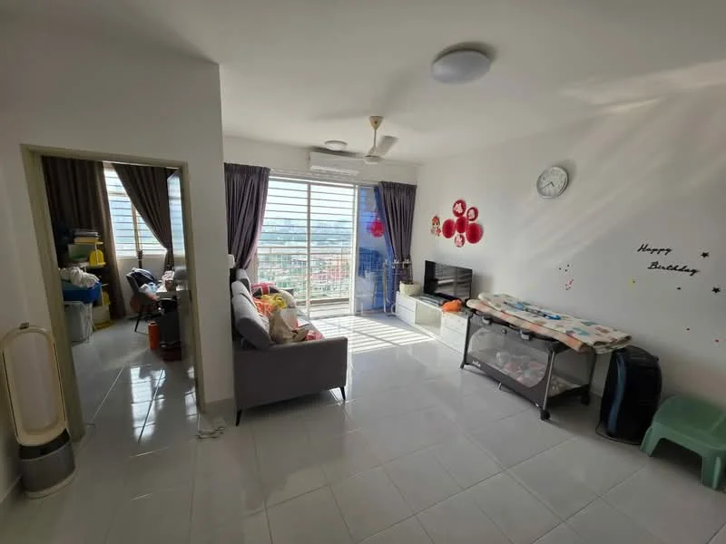 Living features: grey fabric sofa, coffee table, wall-mounted TV, floor-to-ceiling windows, sheer curtains, white painted walls, white ceiling, ceiling fan, tile flooring, decorative wall stickers, clock on wall, area rug; style: modern; view: city.