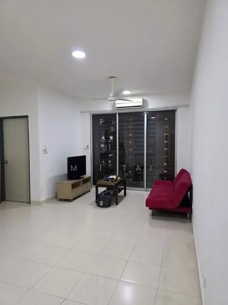 Living features: white painted walls, ceramic tile flooring, 5-blade ceiling fan with light, wall-mounted split AC, sofa in red, TV console, wall-mounted TV, coffee table, large sliding glass door, sheer curtains, decorative items on shelves; style: modern.