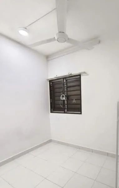 Room features: white painted walls, ceiling fan, window with black grille, tile flooring, recessed ceiling light, corner of room visible, no visible furniture; style: modern.