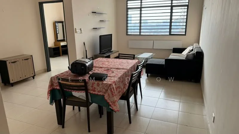 Living features: sofa in black, coffee table, TV console, wall-mounted TV, dining table with 6 chairs, decorative mirror, floor-to-ceiling windows, white walls, tile flooring; style: modern; view: city. Room features: light-colored walls, tile flooring.