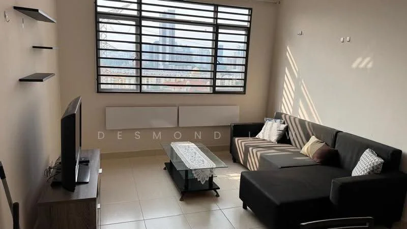 Living features: black fabric sectional sofa, coffee table with glass top, wall-mounted TV, wooden TV console, two white wall-mounted heating units, large windows with black frames, neutral painted walls, tile flooring, decorative throw pillows; style: modern; view: city.