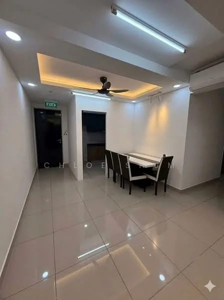 Dining features: white painted walls, glossy ceramic tile flooring, recessed ceiling lights, 5-blade ceiling fan with light, dining table for six, upholstered dining chairs, air conditioning unit, exit door; style: modern.
