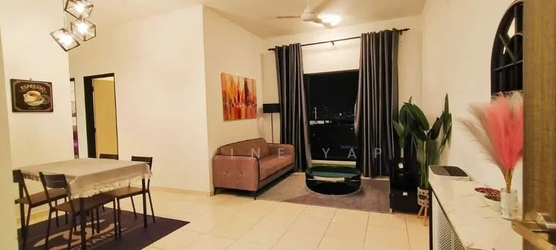 Living features: 3-seater fabric sofa in light pink, coffee table, area rug with geometric pattern, floor-to-ceiling windows, blackout curtains, ceiling fan with light, wall-mounted TV, decorative plants in ceramic pots, artwork on wall, tile flooring, air conditioning unit; style: modern; view: city. Dining features: 6-seater dining table, wooden dining chairs, tablecloth, tile flooring; style: modern; view: city.