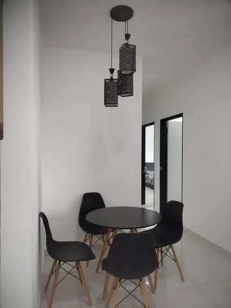 Dining features: round black dining table, 4 black dining chairs with wooden legs, white painted walls, glossy tile flooring, 3 pendant lights with decorative shades, black door frames, neutral decor; style: modern. Room features: white painted walls, black door frames.