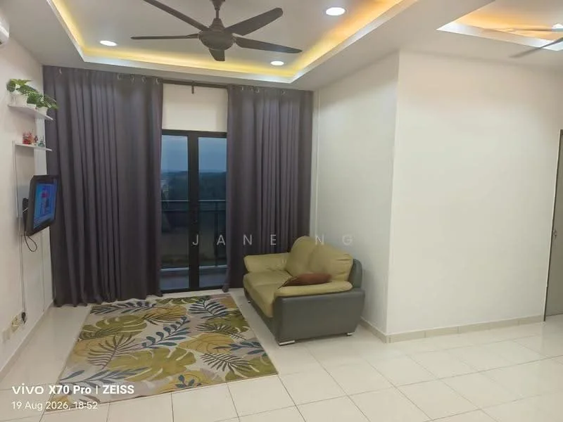 Living features: 3-seater fabric sofa in beige, area rug with floral pattern, wall-mounted TV, TV console, floor-to-ceiling windows, sliding glass door, grey curtains, recessed downlights, ceiling fan, cream painted walls, white tiled flooring; style: modern; view: city.