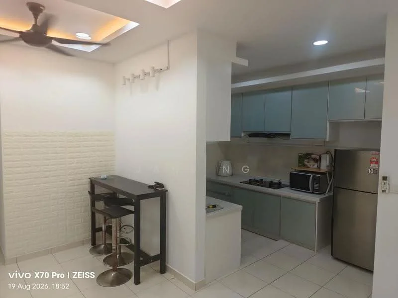 Kitchen features: white painted walls, light grey cabinetry, marble countertop, stainless-steel sink, chrome pull-down faucet, built-in oven, freestanding range oven, microwave, stainless-steel fridge, 2-bar stools, tile flooring, ceiling fan, recessed downlights; style: modern. Dining features: small dining table for two, black table, metal bar stools; style: modern.