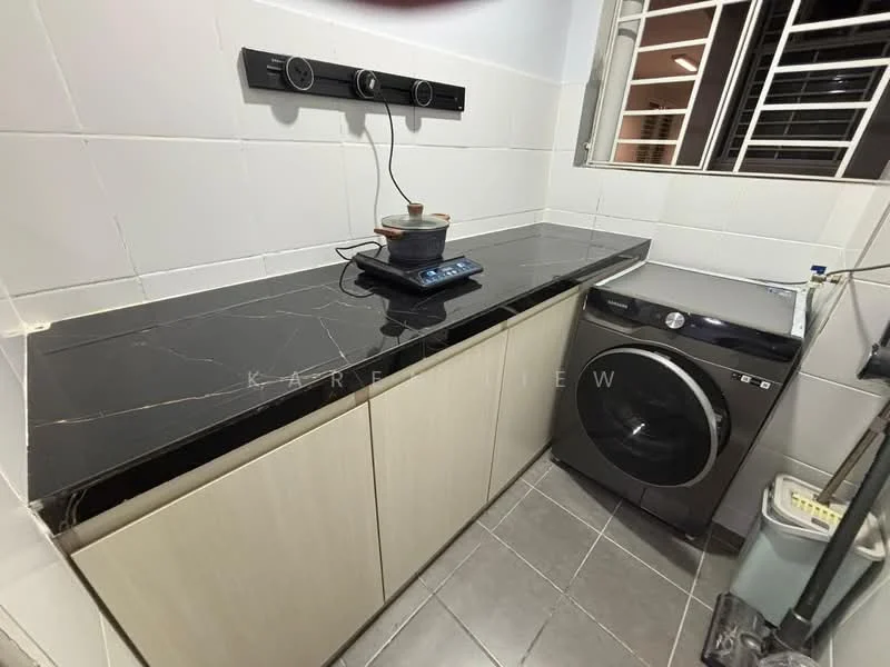 Laundry features: black marble countertop, light wood cabinetry, front-load washing machine, stainless-steel pot, wall-mounted control panel, grey tiled flooring, white tiled walls, window with metal grille; style: modern.