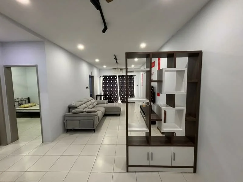 Living features: grey fabric sectional sofa, white coffee table, TV console, wall-mounted TV, recessed downlights, white tiled flooring, light grey painted walls, decorative shelving unit, blackout curtains, air conditioning unit; style: modern. Bedroom features: single bed frame, white walls, tile flooring, window with curtains.
