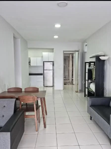 Living features: grey fabric 3-seater sofa, 2-seater wooden dining table, 4 wooden dining chairs, white walls, tile flooring, recessed LED downlights, floor-to-ceiling windows, air conditioning unit, decorative floor lamp; style: modern. Kitchen features: white cabinetry, grey countertop, stainless-steel fridge, built-in oven, ceramic tile backsplash, single-bowl stainless-steel sink, chrome pull-down faucet; style: modern. Hallway features: white walls, tile flooring, doorway leading to other rooms.
