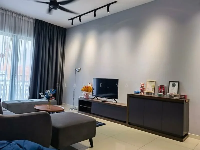 Living features: grey fabric sofa, coffee table, TV console, wall-mounted TV, floor lamp, decorative items on console, curtains, recessed lighting, ceiling fan with light, white painted walls, glossy tile flooring; style: modern.
