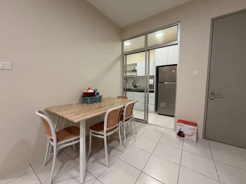 Dining features: 4-seater dining table with wooden top, white metal legs, 4 white chairs with rattan seats, cream painted walls, tile flooring, refrigerator, glass sliding door, kitchen area visible through sliding door, overhead lighting; style: modern.