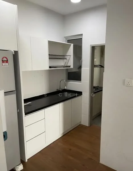 Kitchen features: white cabinetry, black countertop, single-bowl stainless-steel sink, chrome pull-down faucet, wall-mounted shelving, tile backsplash, window above sink, wood laminate flooring, recessed ceiling lights, built-in appliances, open layout; style: modern.