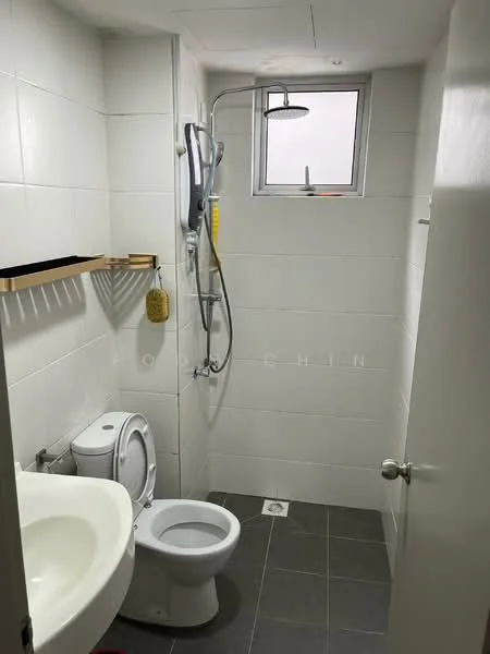 Bathroom features: white tiled walls, grey tile flooring, single-sink vanity, chrome basin mixer faucet, toilet, walk-in shower with overhead shower head, window for natural light, shelf for toiletries; style: modern.