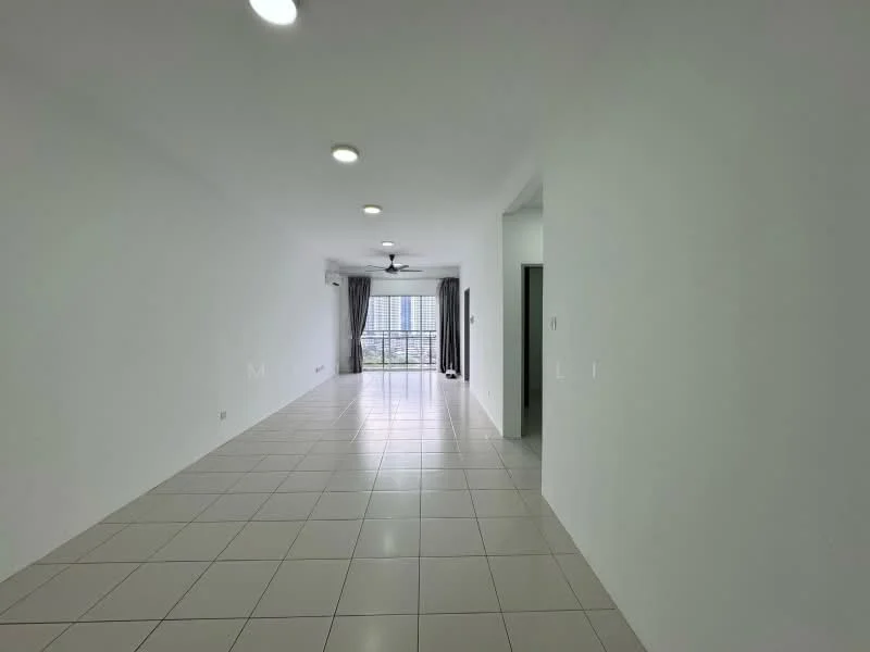 Living features: white painted walls, glossy ceramic tile flooring, 5-blade ceiling fan with light, floor-to-ceiling windows, sliding glass door, grey curtains, recessed downlights, open layout; style: modern; view: city.