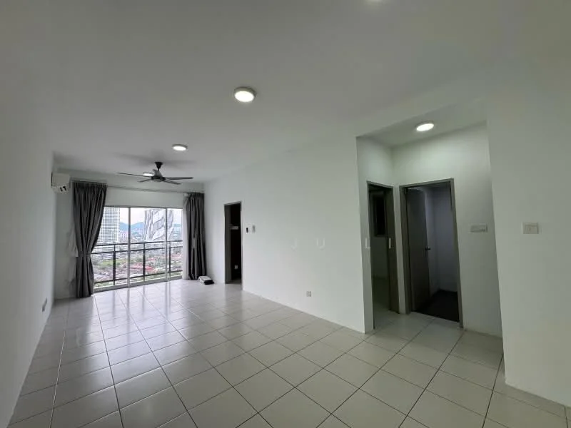 Living features: white painted walls, tile flooring, 5-blade ceiling fan with light, floor-to-ceiling windows, curtains, air conditioning unit, neutral color scheme, view of city skyline; style: modern; view: city. Room features: doorway leading to hallway, doorway leading to bathroom, grey carpet flooring in hallway.